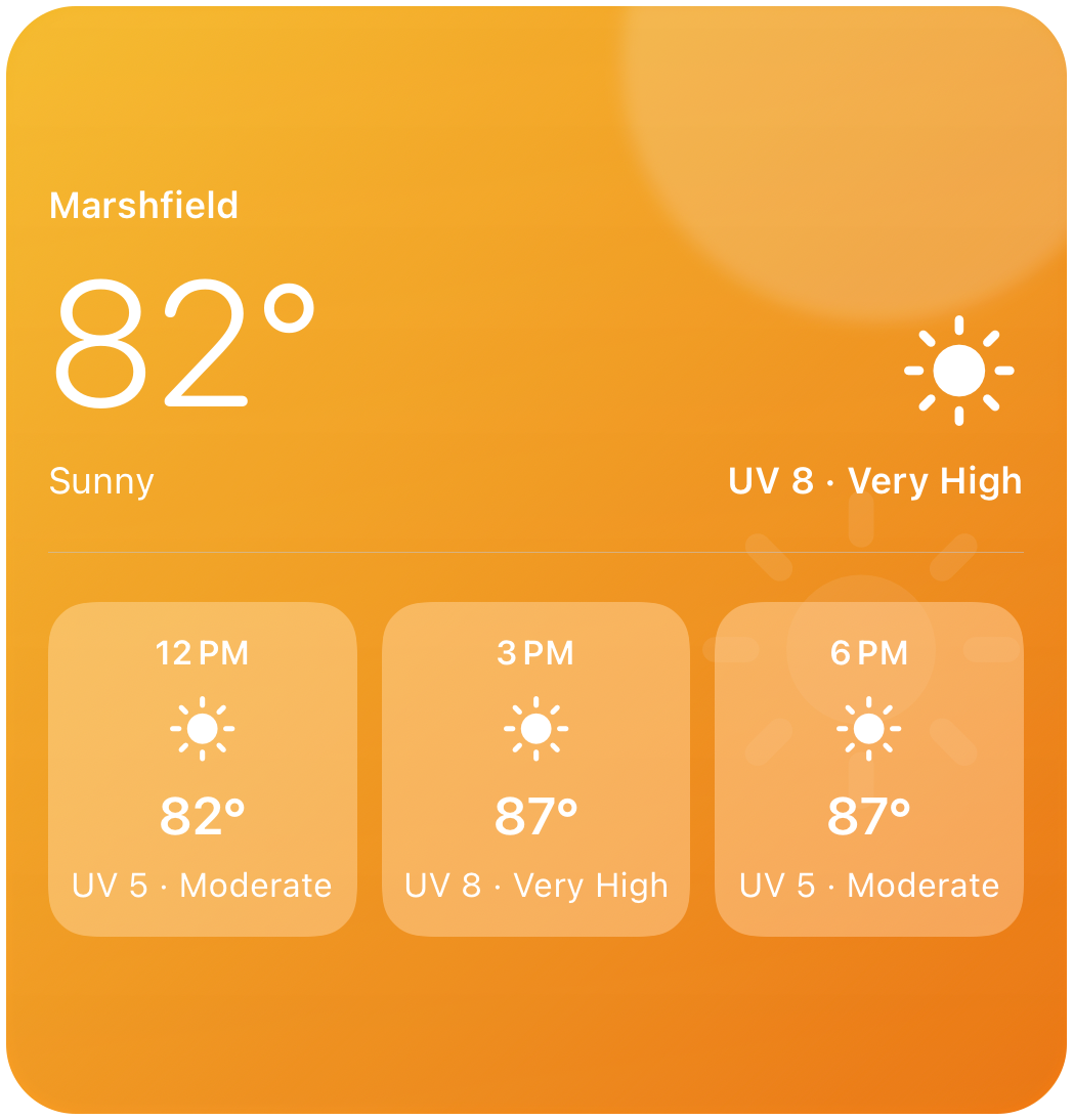 DS Weather large widget showing 82 degrees, sunny conditions, and a very high UV index